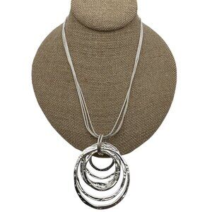 Layered Silver-Tone Textured Circle Pendant Necklace Multi Chain Minimalist